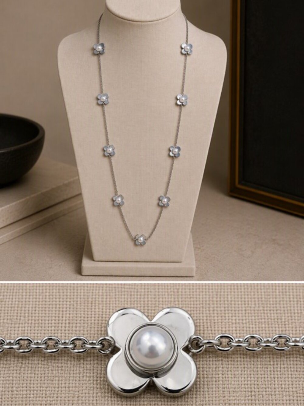 Ann Taylor Long Silver- tone Necklace with Shiny Flower/Pearl Motif